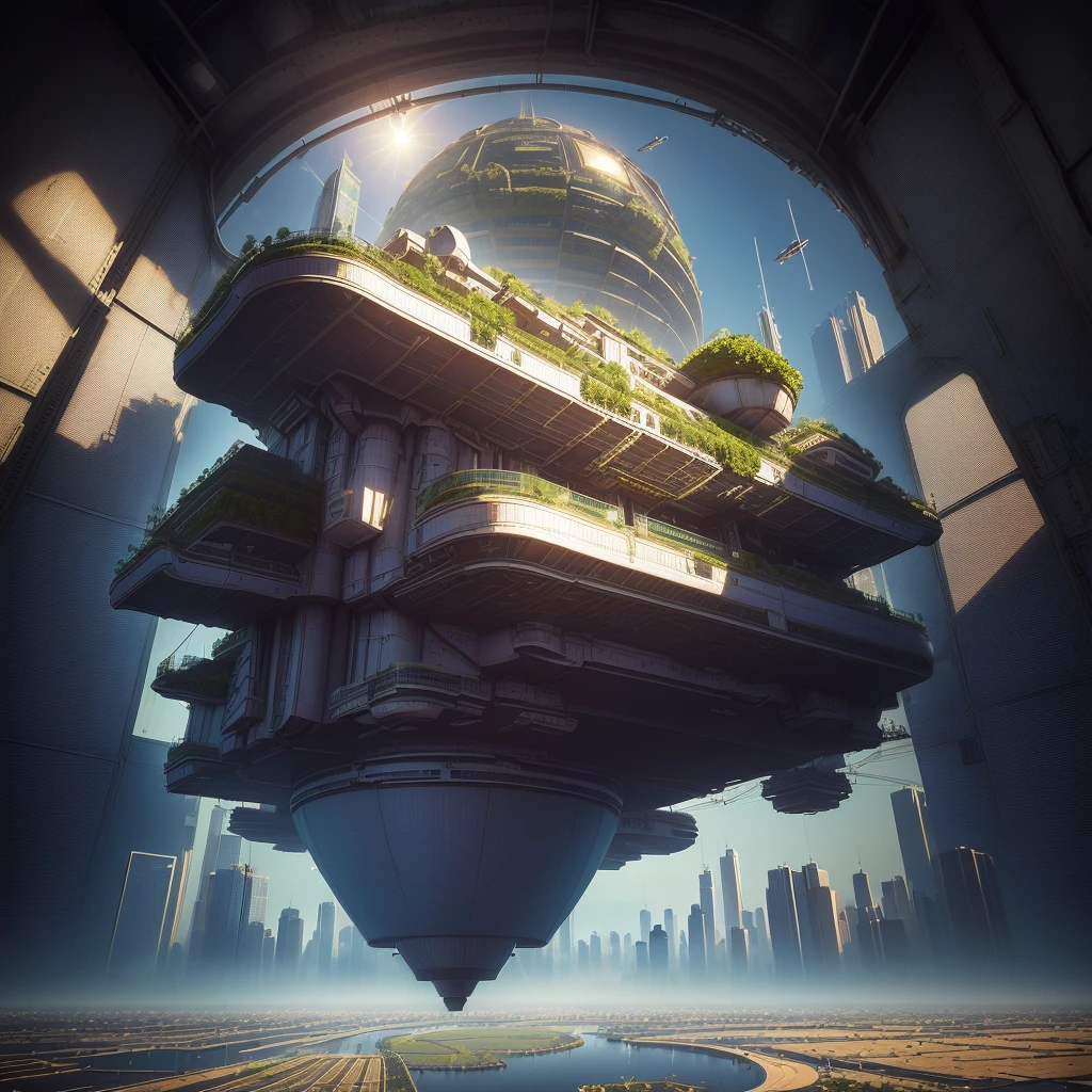 In a spaceship above the city, a farmer is planting vegetable seedlings in a greenhouse., 3 d render,Surrealism,, daily art, The background is over the city, In the skyship, masterpiece, of High Altitude Travel