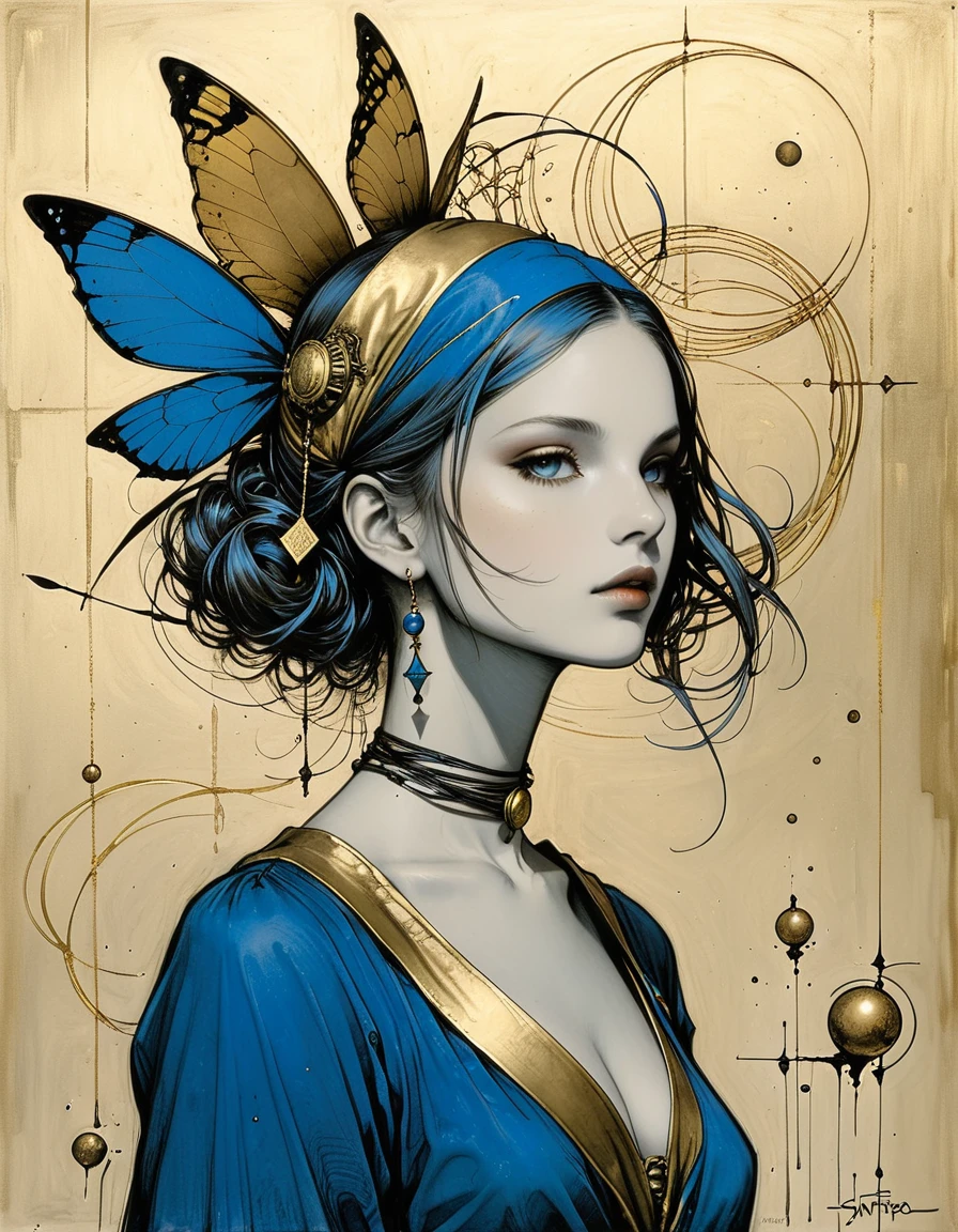 style of santiago caruso,Simple lines and shapes,girl,Gold and blue