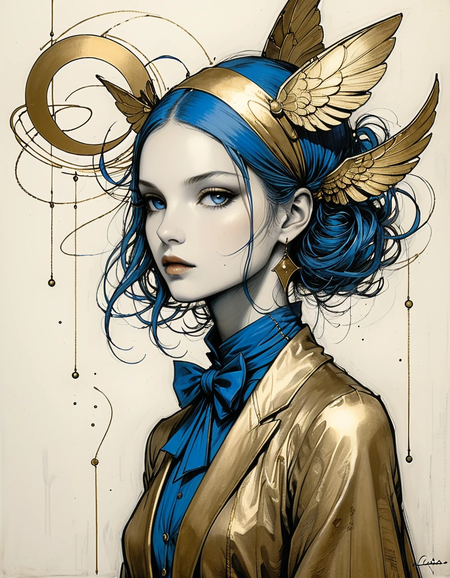 style of santiago caruso,Simple lines and shapes,girl,Gold and blue