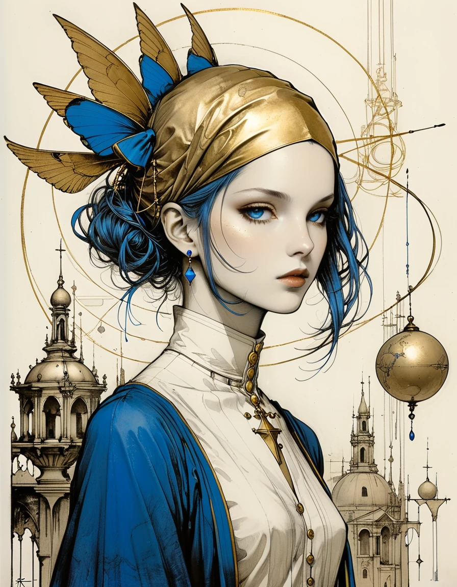 style of santiago caruso,Simple lines and shapes,girl,Gold and blue