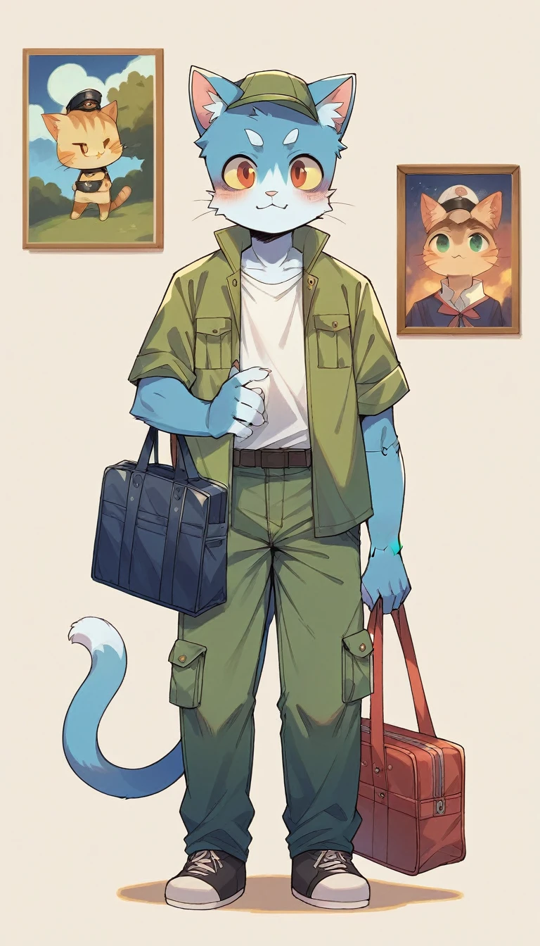 A cartoon style painting,The picture shows a kitten wearing a hat and carrying a school bag,Stand on the doorstep,The cat father and mother welcomed him with open arms,Wearing stylish fursona, Cat boy, Cute cat, Anthropomorphic cats, Hot topics on artstation pixiv, Full body high-grade white, High-quality anime art style, High resolution cargo, Anthropomorphic cats, High Quality Fan Art, Anthropomorphic cyberpunk kitten:tall and big,