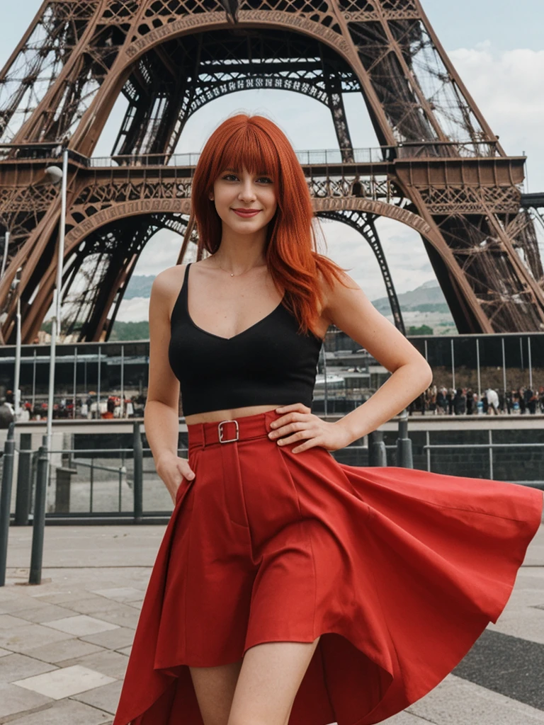 Emily Richardson, 1girl, solo, (((consistent face and image))), ((red hair)), ((cranky hair)), ((20 years old)), realistic, photorealistic, (red cranky hair), short hair, (((Caucasian mature woman))), (Swiss woman), (Swiss nose), (Swiss thick lips), posing outside the Iconic landmark of Eifel tower, perfect for classic Parisian backgrounds, upper body and upper legs, smirking, standing, wearing In style in trend Generation-Z modern wear different colored,