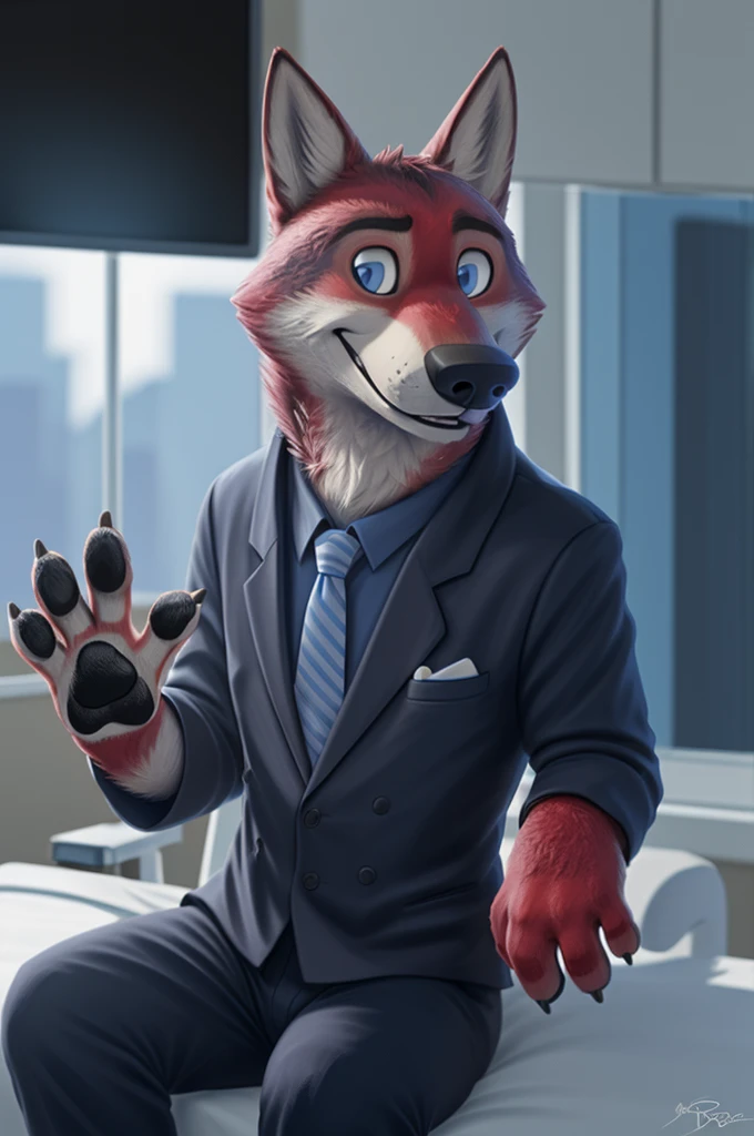 Joachim Wolfbach (Zootopia),tall handsome, wolf,young, 24 years, brown fur, hair on the head,(red body:1.3),Blue eyes, Moscow Dressed, shirt,blazer, tie,trousers,canine, wolf, detailed fur, Male, antro, paw pads, finger claws, waving, waving at viewer, 5 fingers, paws, 5 fingers, smile, happy, resting, wrist watch, т nextel, sitting at home watching TV, by xenoforge, (difficult, high detail,digital photography, soft focus, RAW,in hospital, treats patients, nose surgery,
photorealism, realistic, photorealistic, analog style, subsurface scattering,
masterpiece, Best quality, ultra realistic, 8 K)