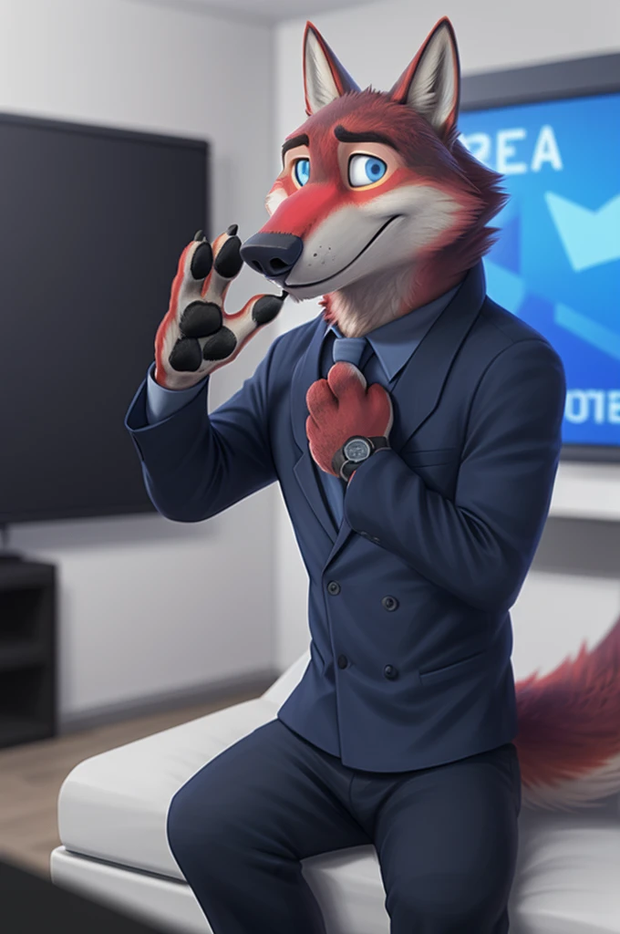 Joachim Wolfbach (Zootopia),tall handsome, wolf,young, 24 years, brown fur, hair on the head,(red body:1.3),Blue eyes, Moscow Dressed, shirt,blazer, tie,trousers,canine, wolf, detailed fur, Male, antro, paw pads, finger claws, waving, waving at viewer, 5 fingers, paws, 5 fingers, smile, happy, resting, wrist watch, т nextel, sitting at home watching TV, by xenoforge, (difficult, high detail,digital photography, soft focus, RAW,in hospital, treats patients, nose surgery, 
photorealism, realistic, photorealistic, analog style, subsurface scattering, 
masterpiece, Best quality, ultra realistic, 8 K)