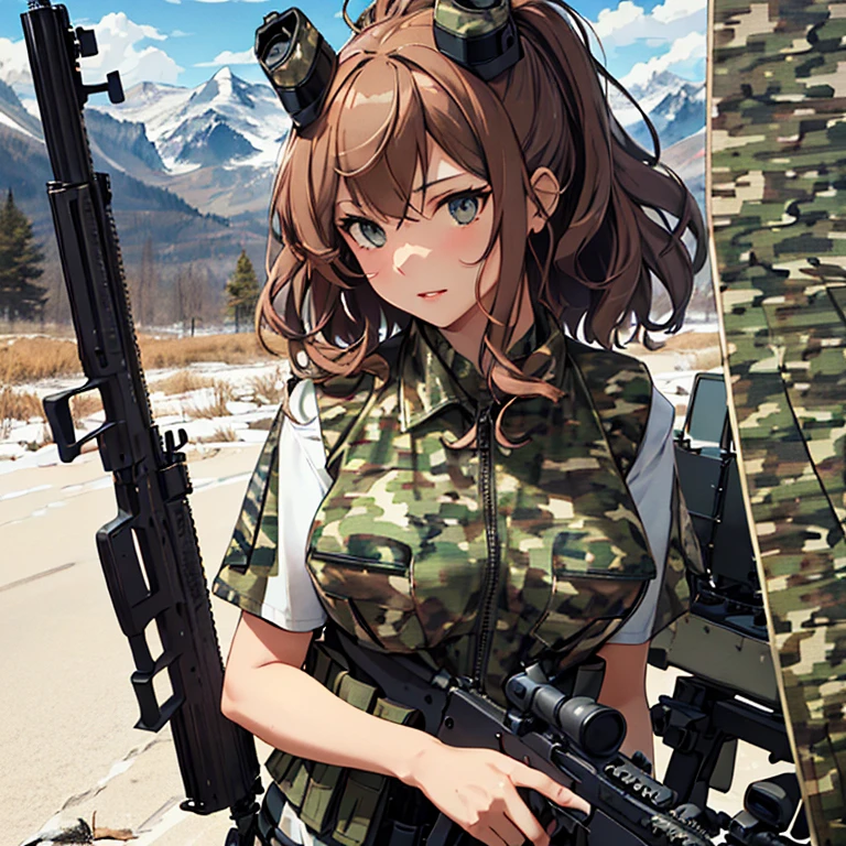 saratoga_kantaicollection,brown hair,
(masterpiece:1.4),(best quality:1.4),(amazing), (great illustration:1.4), (ultra-detailed:1.4), (art CG, 8K),
(camouflage pattern military uniform:1.4),(camouflage pattern tactical vest:1.4),shooting a sniper rifle in front of her,Serious,goggles,mountain
