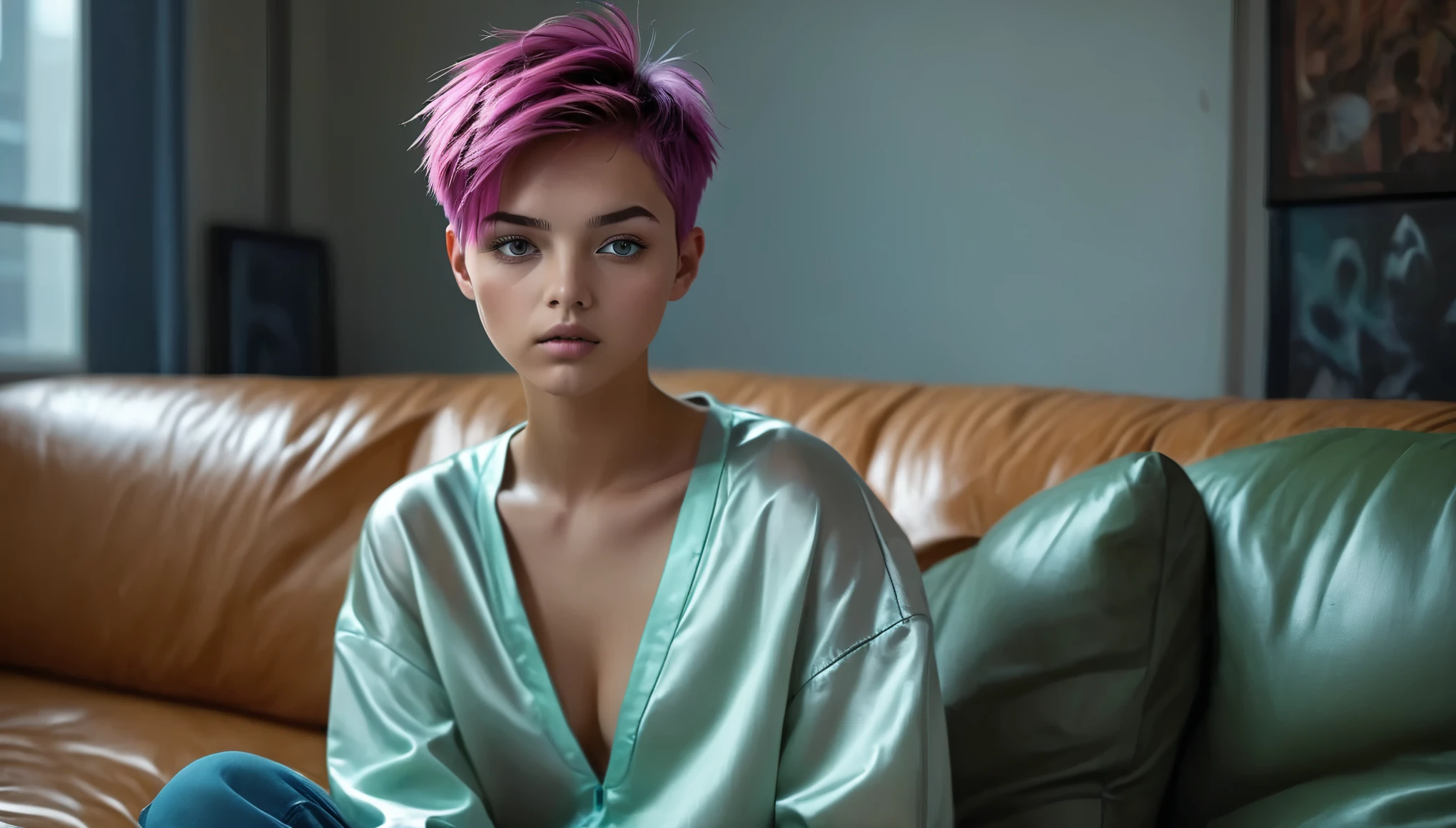 Top Quality, Masterpiece, High Resolution, 8k, ((Teenager, 16 Years Old)), ((tomboy girl in short silky oversized huddie with plunging neckline under the armpits und satin shorts, side boob, wide neckline, deep neckline)), (bare belly, small perky breasts, detailed face, detailed eyes, thin eyebrow, detailed lips, small hips, no makeup, some tattoos), ((tomboy, Tomboy Style, tomboyish)), (randowm short hair style, straight hair, short pixie cut hair), (((cyberpunk apartment, on the couch holding a game controller, moody atmosphere, dim light, dramatic and neon colors, futuristic setting, intricate details, at night, random pose, neon colors))), full body view