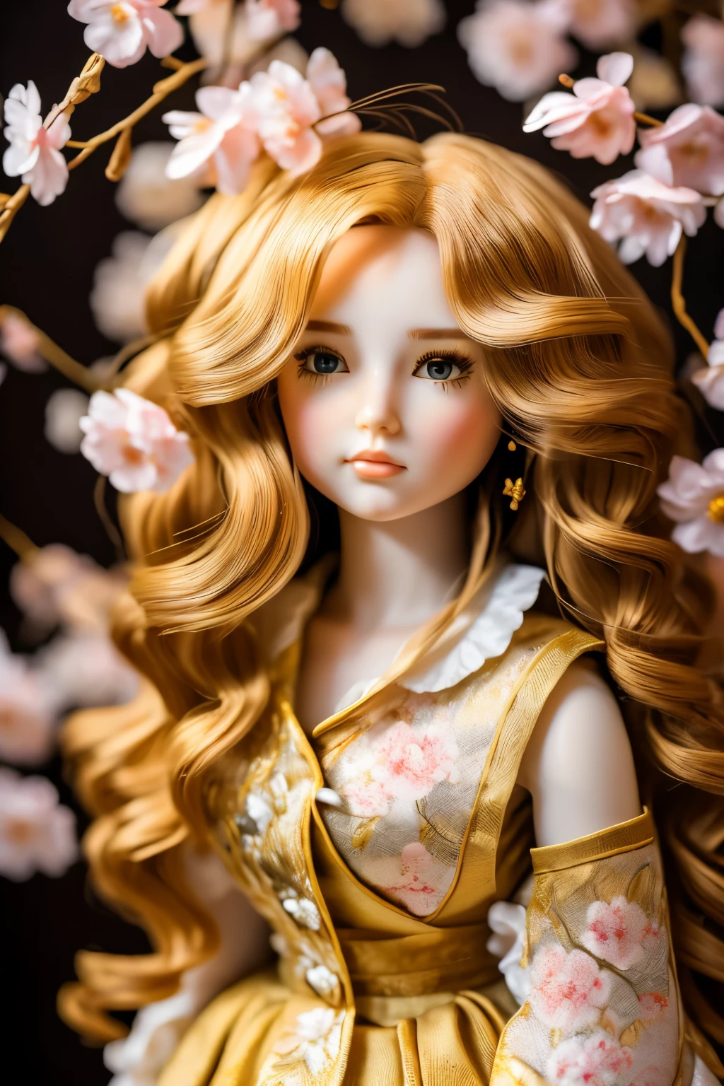 a porcelain doll standing in front of a painting, golden blonde hair, yawning expression, rococo style, (highly detailed figure), flowing sakura-colored silk, sakura petals, flowing sakura silk, strong bokeh, seasonal changes!!
