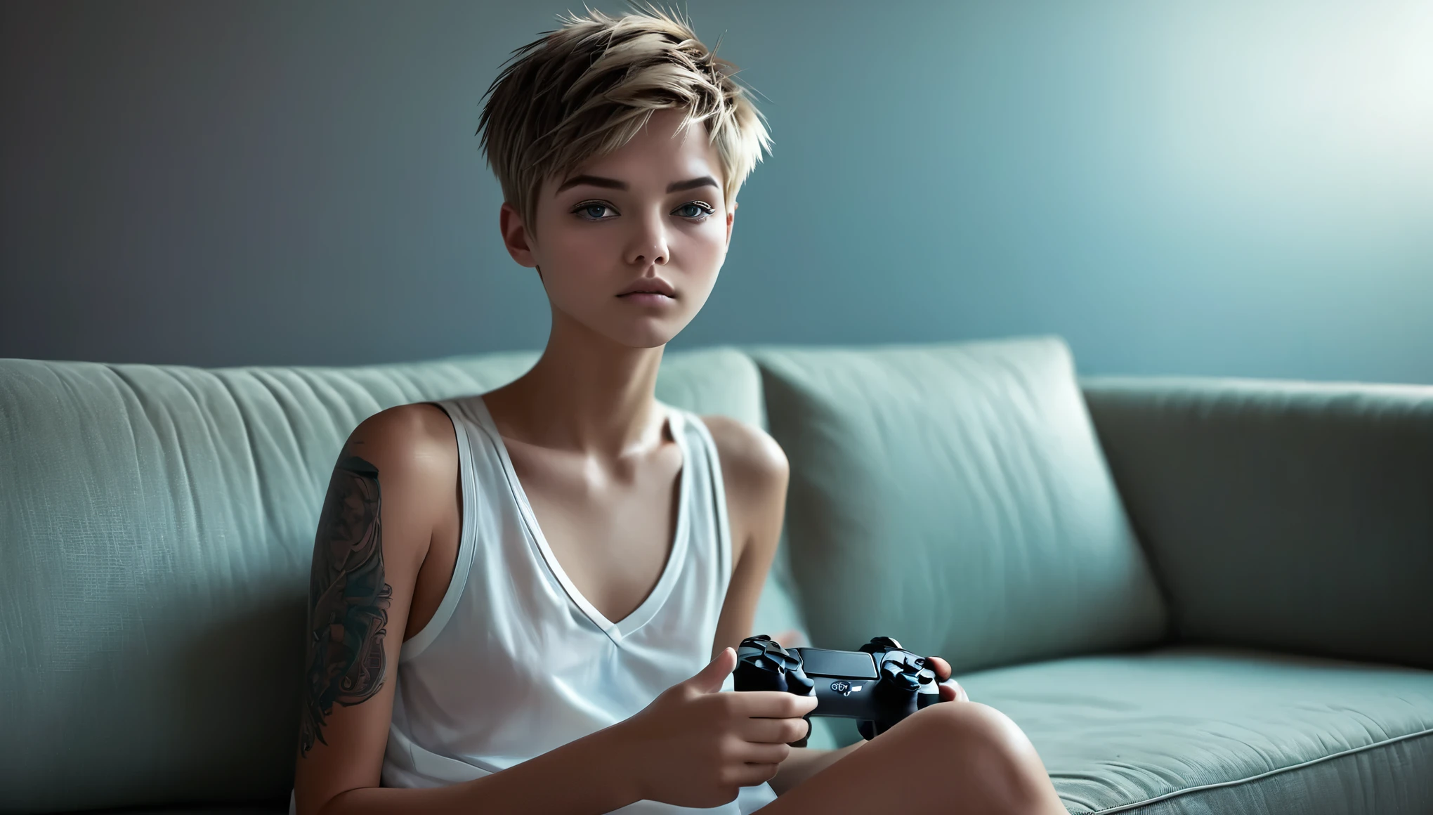 Top Quality, Masterpiece, High Resolution, 8k, ((ager, 16 Y((tomboy girl in short silky oversized huddie with plunging neckline under the armpits und satin shorts, side boob, wide neckline, deep neckline)), (bare belly, small perky breasts, detailed face, detailed eyes, thin eyebrow, detailed lips, small hips, no makeup, some tattoos), ((tomboy, Tomboy Style, tomboyish)), (randowm short hair style, straight hair, short pixie cut hair), (((cyberpunk apartment, on the couch holding a game controller, moody atmosphere, dim light, dramatic and neon colors, futuristic setting, intricate details, at night, random pose, neon colors))), full body view