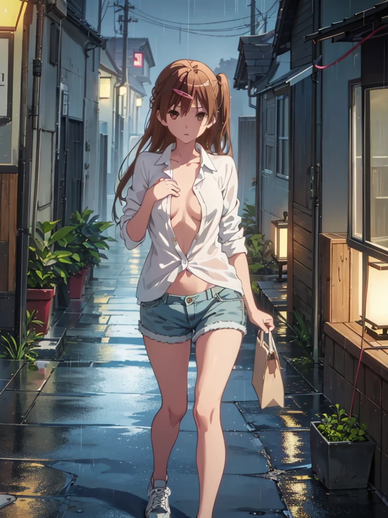 Girl, blue short, Unbuttoned Blouse, Blouse on a naked body,  You can see her breasts,  Bare breasts, chest visible, street  background, Narrow passage between houses, night, rain, slim body, In full growth, Sneakers , Bare breasts, She threw open her hands, small breast 