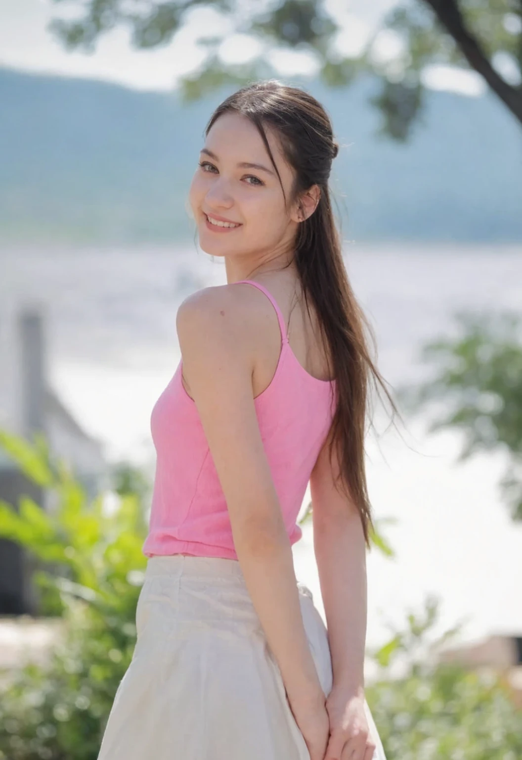 ((best quality)), ((masterpiece)), (detailed),(purple eyes), ((field of flowers)), perfect face, happy young woman, beautiful young woman, young woman tucking her hair behind her ear, laughing, happy, smile, wholesome, daisy behind ear, hair tucked behind her ear, long plaited hair, long perfect hair, slight blush, ((green eyes)), ethereal eyes, big eyes, blonde hair, detailed eyes, perfect iris, perfect eyes, symmetrical eyes, symmetrical face, happy on a field of flowers
