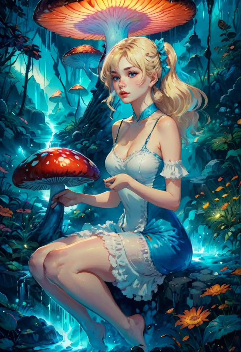 a beautiful 20 year old blonde woman with big messy hair in a blue dress, white stockings, black headband, cleavage, holding a glowing mushroom in her hands, sitting on a giant glowing mushroom, fantasy art style, rossdraws cartoon vibrant, alice in wonderland cyberpunk, cute detailed digital art, colorfull digital fantasy art, digital fantasy art ), glossy digital painting, rossdraws pastel vibrant, rossdraws 2. 5, rossdraws 1. 0