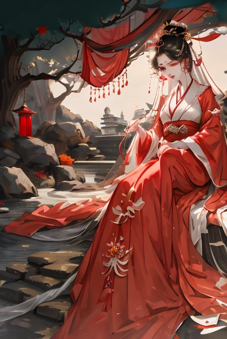 Devout woman in red dress lying on rocks, palace ， Girl wearing Hanfu, Hanfu, cute lazy princess, Wearing ancient Chinese clothes, Chinese Princess, Inspired by Zhang Yan, Inspired by Qiu Ying, autumn queen, Inspired by Lan Ying, Inspired by Tang Yin, Inspired by Chen Yifei, Beautiful fantasy queen