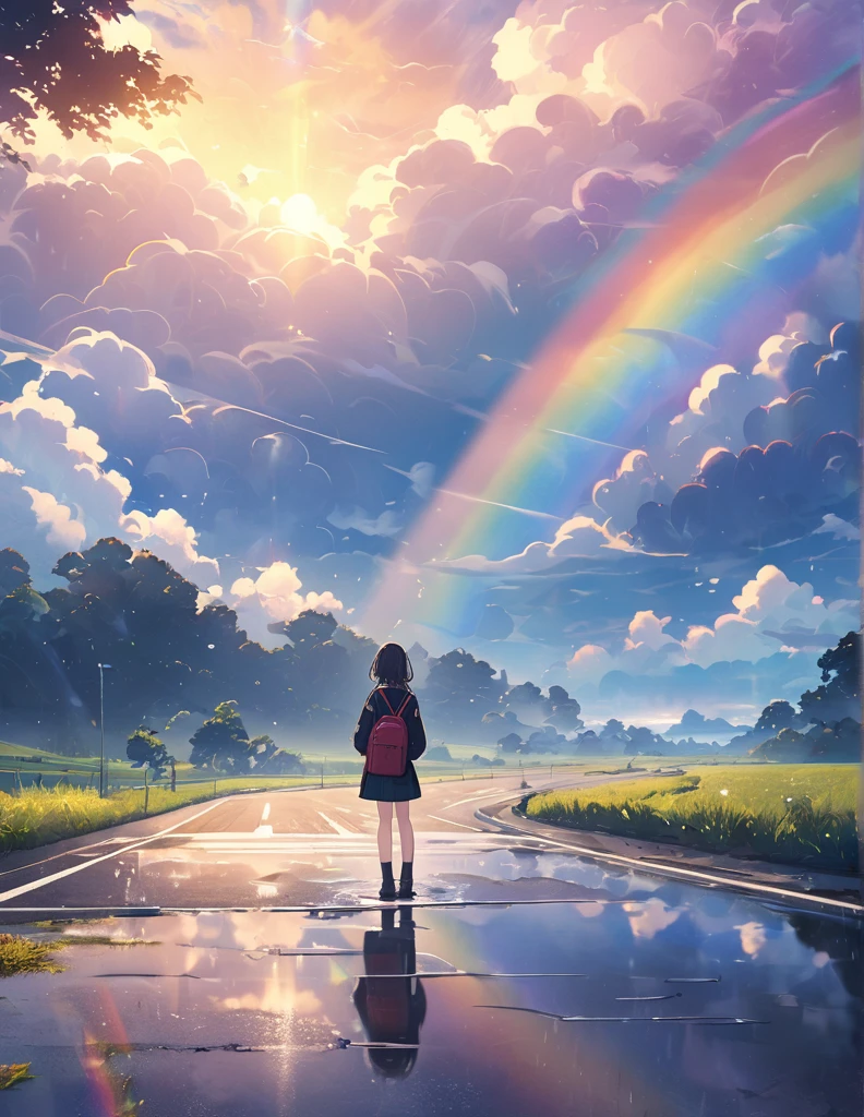 (Anime Style:1.4),A soft touch to painting,Rainbow Clouds,超High resolution, Attention to detail, high quality, High resolution, 最high quality, 4K, 8k,Road after the rain、evening、Puddle and girl's feet、Pastel color effect