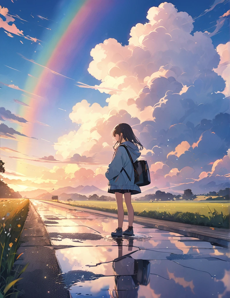 (Anime Style:1.4),A soft touch to painting,Rainbow Clouds,超High resolution, Attention to detail, high quality, High resolution, 最high quality, 4K, 8k,Road after the rain、evening、Puddle and girl's feet、Pastel color effect