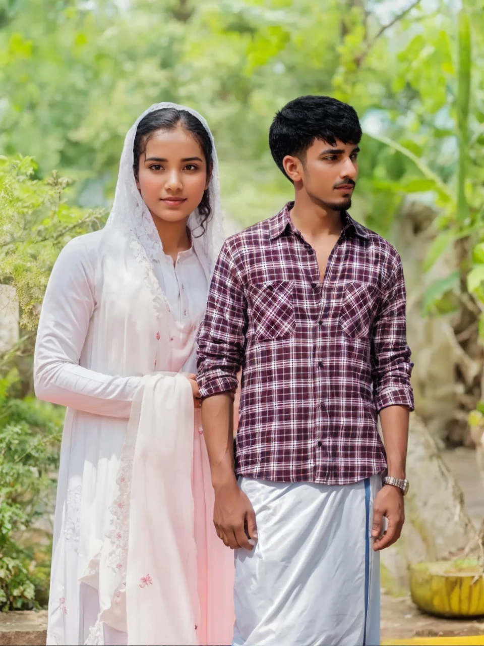 A Muslim man proposing to a Christian girl, simple background, storybook style