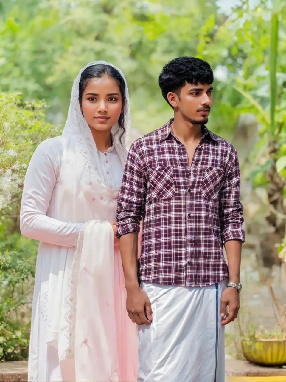 A Muslim man proposing to a Christian girl, simple background, storybook style