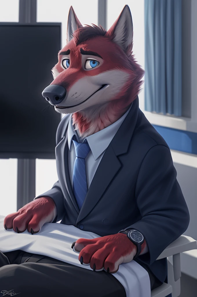 Joachim Wolfbach (Zootopia),tall handsome, wolf,young, 24 years, brown fur, hair on the head,(red body:1.3),Blue eyes, Moscow Dressed, shirt,blazer, tie,trousers,canine, wolf, detailed fur, Male, antro, paw pads, finger claws, operates, at viewer, 5 fingers, paws, 5 fingers, smile, happy, resting, wrist watch, т nextel, sitting at home watching TV, by xenoforge, (difficult, high detail,digital photography, soft focus, RAW,in hospital, treats patients, operates нос,
photorealism, realistic, photorealistic, analog style, subsurface scattering,
masterpiece, Best quality, ultra realistic, 8 K)
