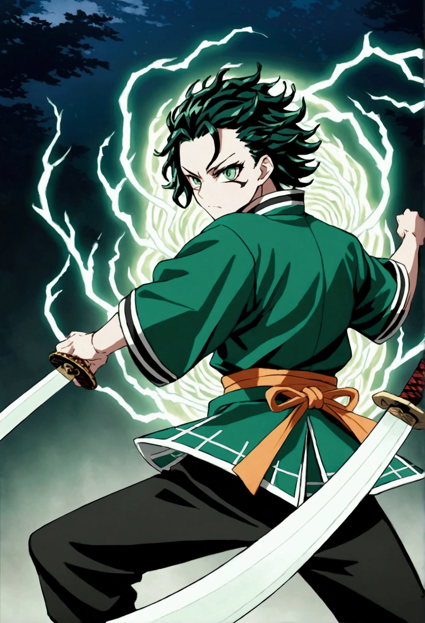 One Guy, Kimetsu no Yaiba, katana, toxic breathing style, black clothes, lime green eyes, sword slash, green sword aura, night backround, fixed arms, detailed arms and katana, human version, toxic aura swing