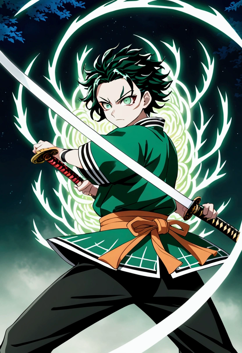 One Guy, Kimetsu no Yaiba, katana, toxic breathing style, black clothes, lime green eyes, sword slash, green sword aura, night backround, fixed arms, detailed arms and katana, human version, toxic aura swing