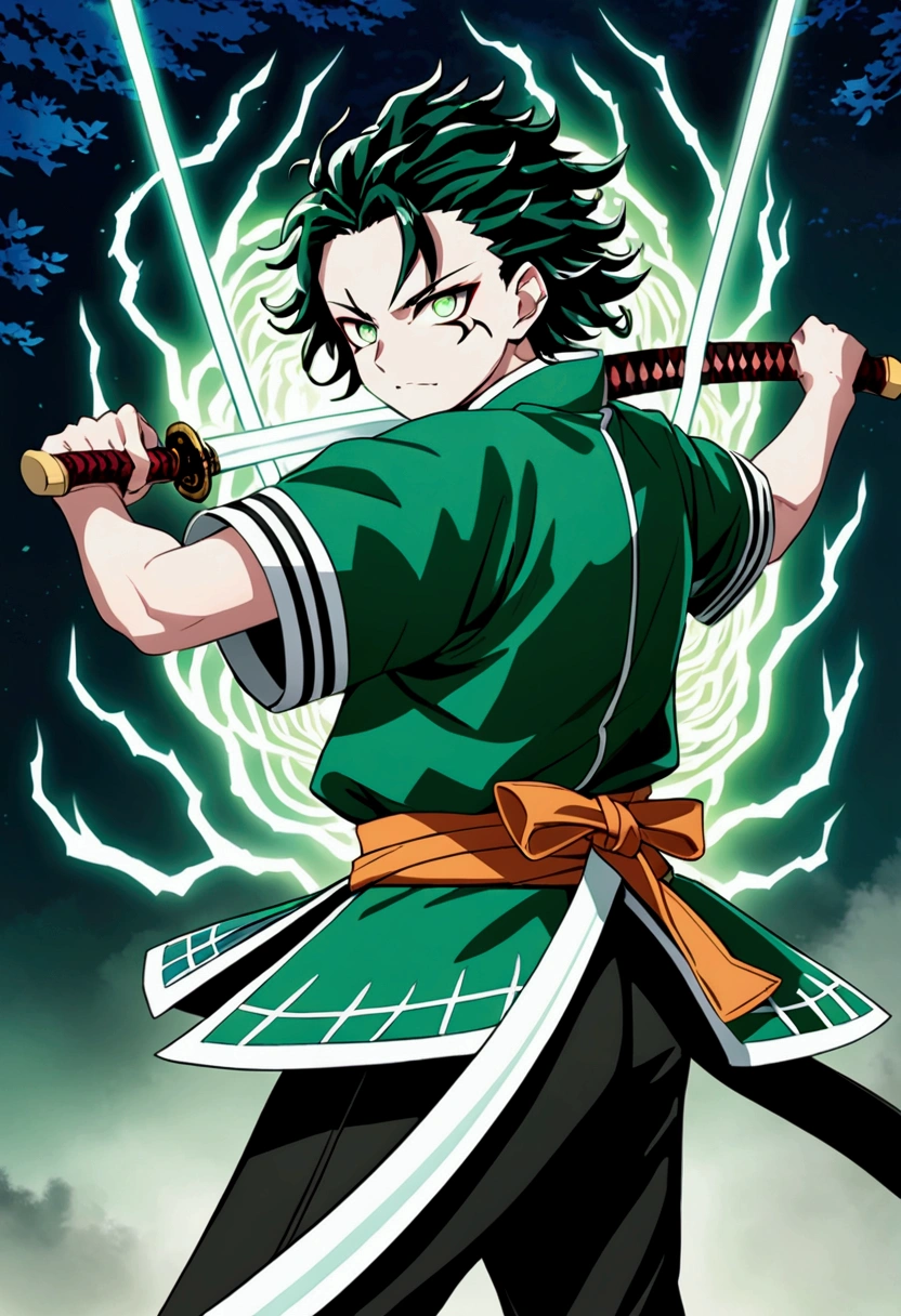 One Guy, Kimetsu no Yaiba, katana, toxic breathing style, black clothes, lime green eyes, sword slash, green sword aura, night backround, fixed arms, detailed arms and katana, human version, toxic aura swing