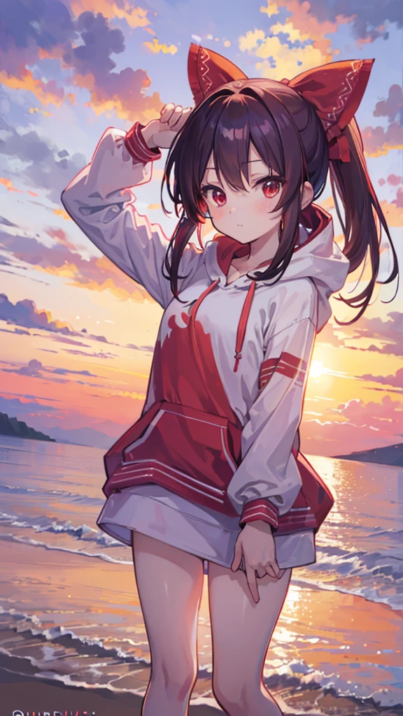 (Best image quality), Reimu Hakurei, sunset, hands back、ストリートキャップ、hoodie