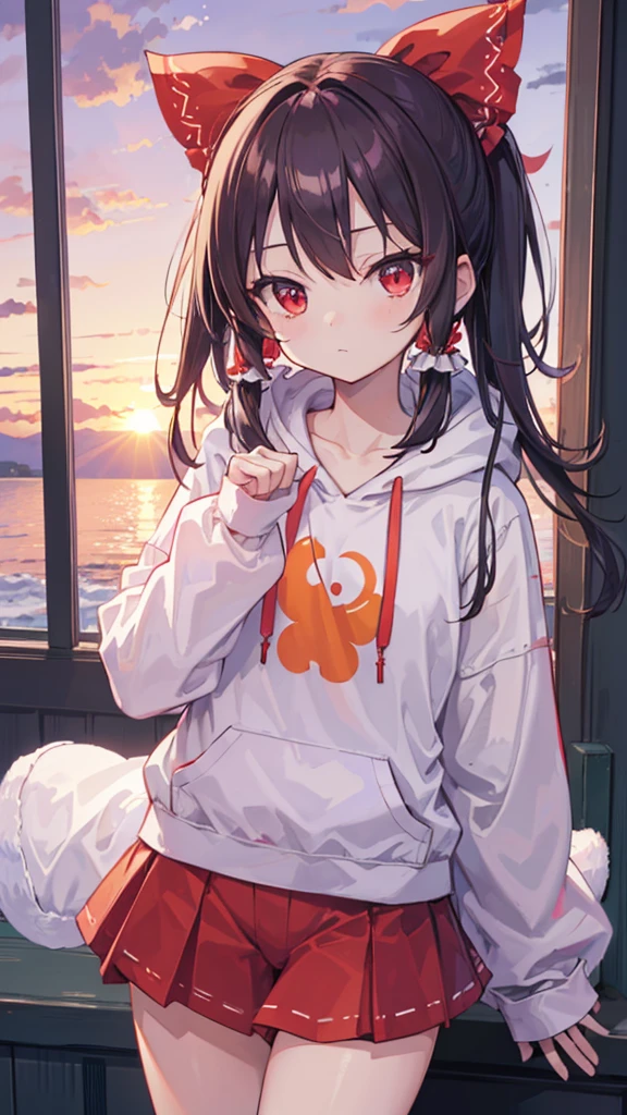 (Best image quality), Reimu Hakurei, sunset, hands back、ストリートキャップ、hoodie