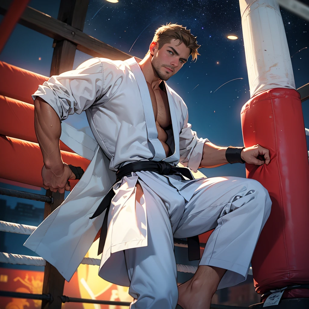 Hunk mature daddy ,stephen amell , white skin, big bump, dark blond hair, stubble, lean yet muscular, best quality, masterpiece, ultra high resolution, Detailed background, illustration, single, 1 boy, muscle, Volumetric lighting, depth of field, beard, flow, White clothes, black belt, light particles, huge bulge, starry sky, martial artist, flow sweat, short dark blond hair, perfect eyes, barefoot,Boxing posing .