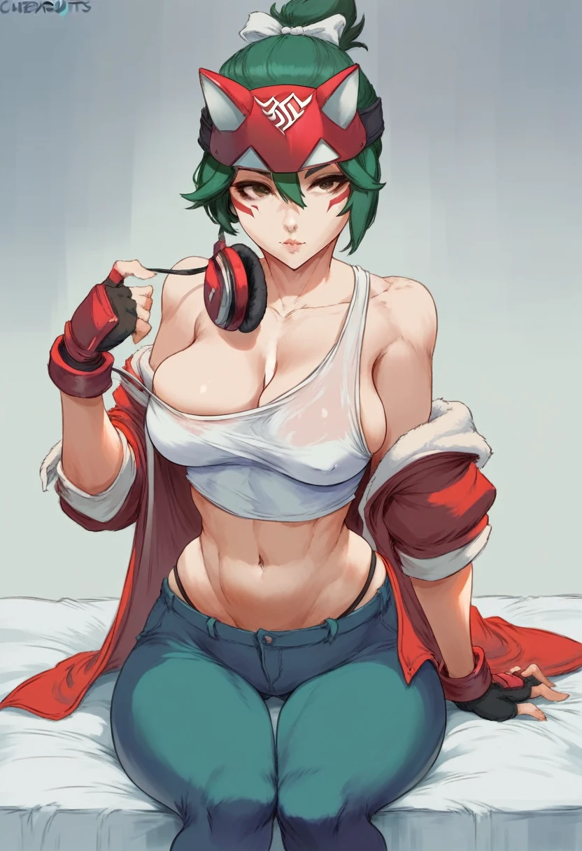 cutesexyrobutts style, kiriko (overwatch), 1girl, breasts, solo, headphones, cleavage, white_bow, green_hair, mask, bow, looking_at_viewer, hair_bow, pants, jacket, fox_mask, sitting, navel, headphones_around_neck, brown_eyes, black_pants, crop_top, thigh_gap, red_gloves, off_shoulder, facial_mark, gloves, bare_shoulders, midriff, hair_between_eyes, fingerless_gloves, black_jacket, medium_breasts, lips, large_breasts, open_clothes, topknot, shirt