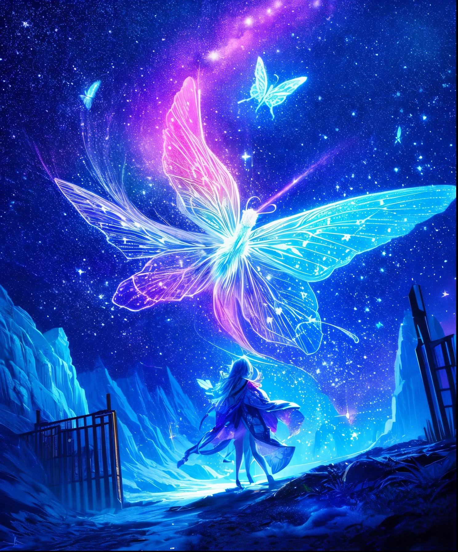 starrysky、Cute iridescent round monster、Iridescent grass々Drawing a butterfly flying over the water, Looking up at the starry sky. Surround her with colorful nebulae and colorful forests.