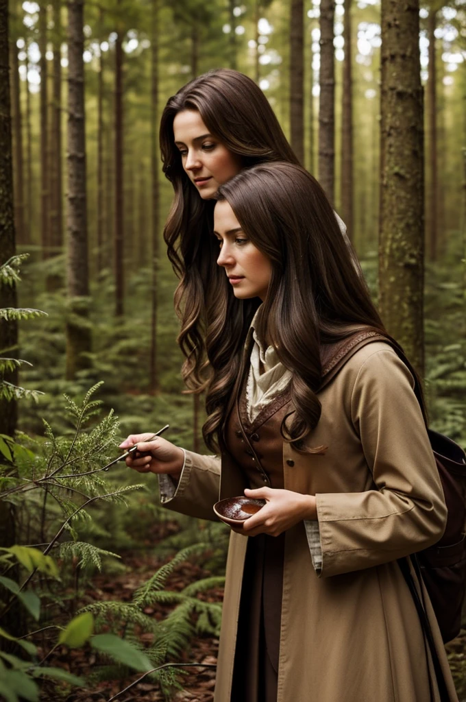 In a forest A woman with long brown hair in an alchemist's outfit searches for a new ingredient