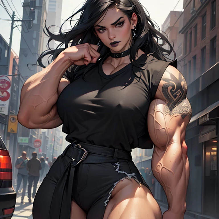 masterpiece, realistic, detailed, young woman, (hypermuscle:1.7), long straight black hair, goth, ((loose baggy oversized black band tshirt)), (innocent expression:1.2), black lipstick, (small waist:1.2), massive thighs, giganticass,, tattoos, (detailed face, beautiful face, realistic face), (huge lips) walking, crowded street