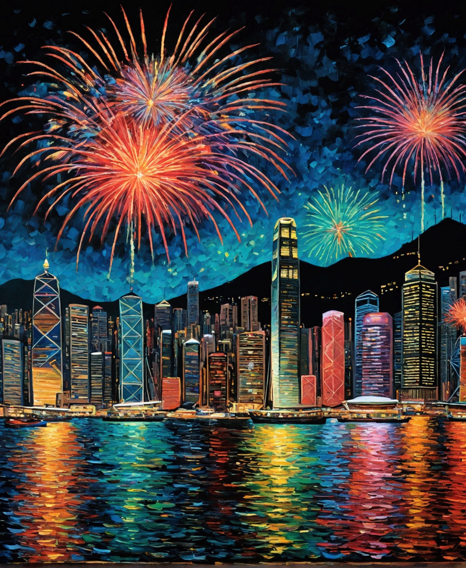 Van Gogh&#39;Painting style, Hong Kong Victoria Harbor night view, Amazing fireworks, Color Field Painting, many, Impressionism, Chiaroscuro, Vanishing Point, Wide Shot, Ultra Wide Angle, 8k, Super Detail, Accurate, Highest quality, masterpiece, Highest quality