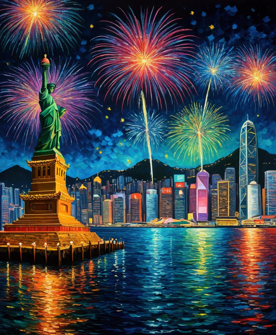 Van Gogh'Painting style, Hong Kong Victoria Harbor night view, Amazing fireworks, Color Field Painting, many, Impressionism, Chiaroscuro, Vanishing Point, Wide Shot, Ultra Wide Angle, 8k, Super Detail, Accurate, Highest quality, masterpiece, Highest quality