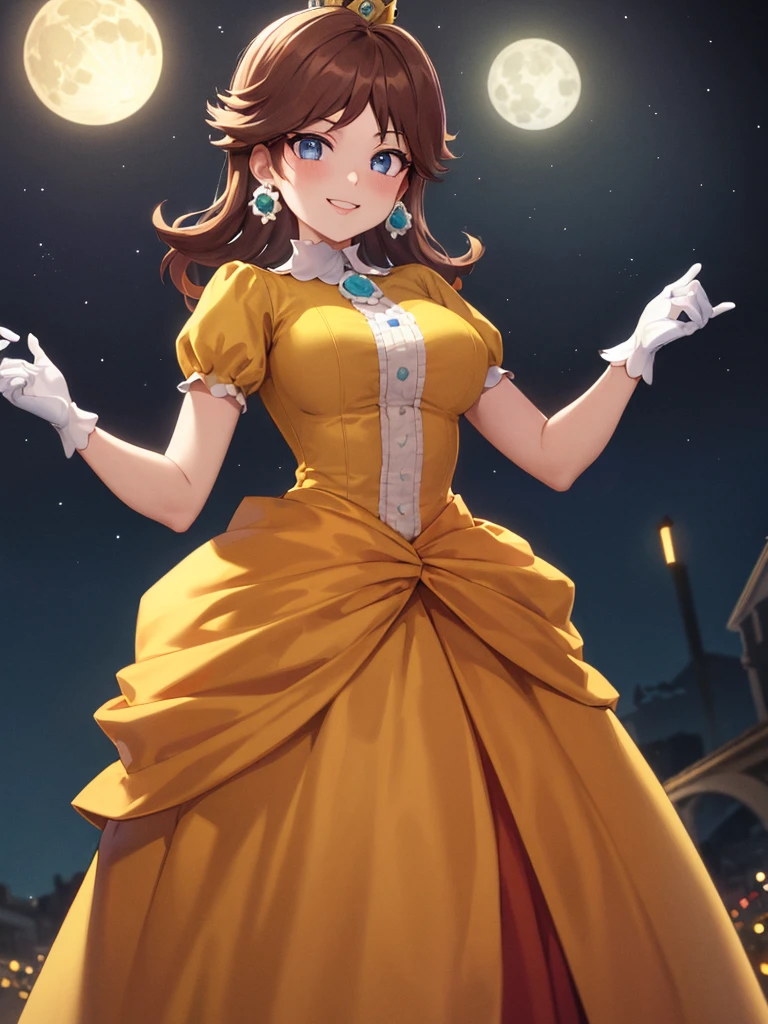 ((best quality)), ((highly detailed)), masterpiece, absurdres, (detailed eyes, deep eyes), (1girl), cowboy shot, standing, princess daisy, brown hair, medium hair, blue eyes, crown, earrings, medium breasts, smiling, (yellow dress), white gloves, (night, night sky, stars, half moon)