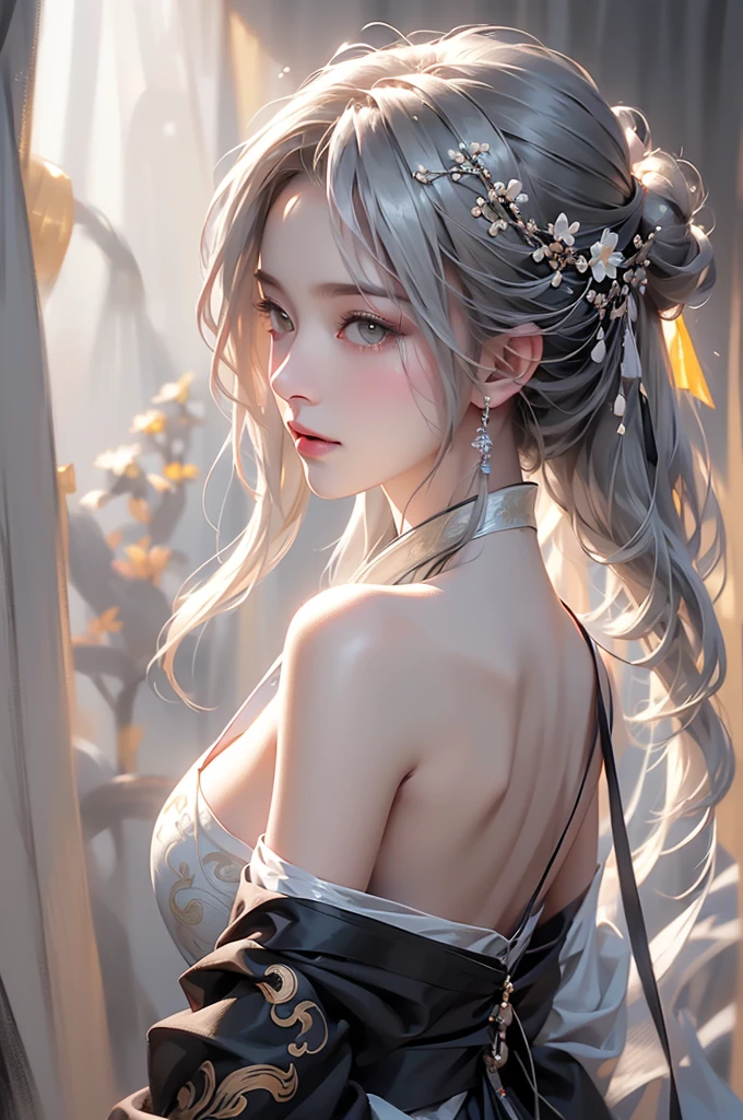 ((Picture from the waist up:1.3))super high quality, masterpiece, Perfect illustration, Very detailed (Exquisite light and shadow, Very dramatic photo,Backlight) , ((Gray Hair:1.5))1 Girl,(( alone:1.6)), (Wearing Han clothes, Black Hanfu,Monotony,Long sleeve、Gorgeous costumes、Highly decorated Hanfu) Flower Field, Flowers, (White smoke:1.3) (Realistic:1.4), Zen Intertwining, Tangled, Official Art, unity 8k wallpaper, Very detailed, Beautiful and beautiful, masterpiece, Highest quality, (Dynamic Angle: 1.4), Glowing Skin, (Floating colorful flashes: 1) The most beautiful chaotic shapes, elegant, Brutalist Design, Bright colors, Romantic Depth of Field Exotic_dance, half_naked、Expose your shoulders、Ample breasts、Great cleavage、Dynamic pose、Backlight,((from back side))
