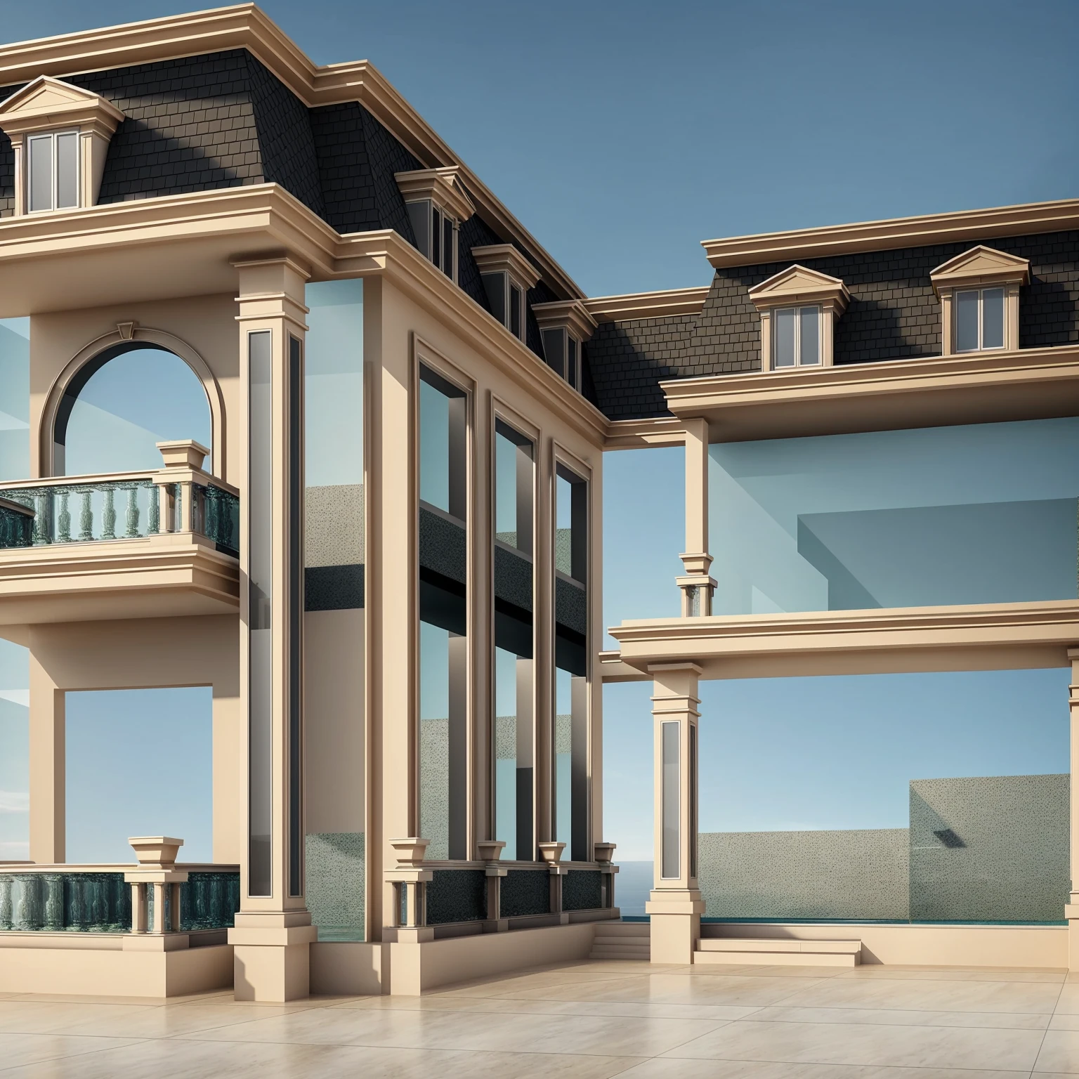 PLATEFORME KTHOUSE, 1 deadly villa, villa main material about color wall construction:1.2 glass panels:1.1 and stone:1.2, 1 large courtyard, 1 road passes in front of the house, (photo brute, Real, best quality, head of'artwork:1.2), avoir l'modern and minimalist look, 1 route devant la maison, Dynamic lighting:1.3, (hyper Realistic, photo-Realistic:1.2), high quality, (dark lighting:1.2), perfect lighting, archaic, Aucun humain