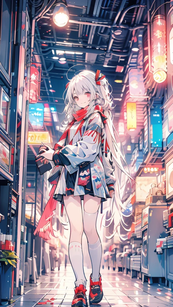 White hair, girl, twintails, red ribbon, night, uniform, scarf, red eyes, cute, big smile, moon, cigarette, back alley