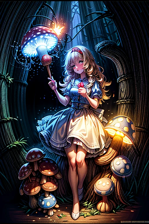 (masterpiece, top quality, best quality), pixel,pixel art, beautiful blonde woman with big messy hair, Alice in Wonderland, holding a glowing mushroom in her hands with colorful stars, sitting on a giant glowing mushroom 
 