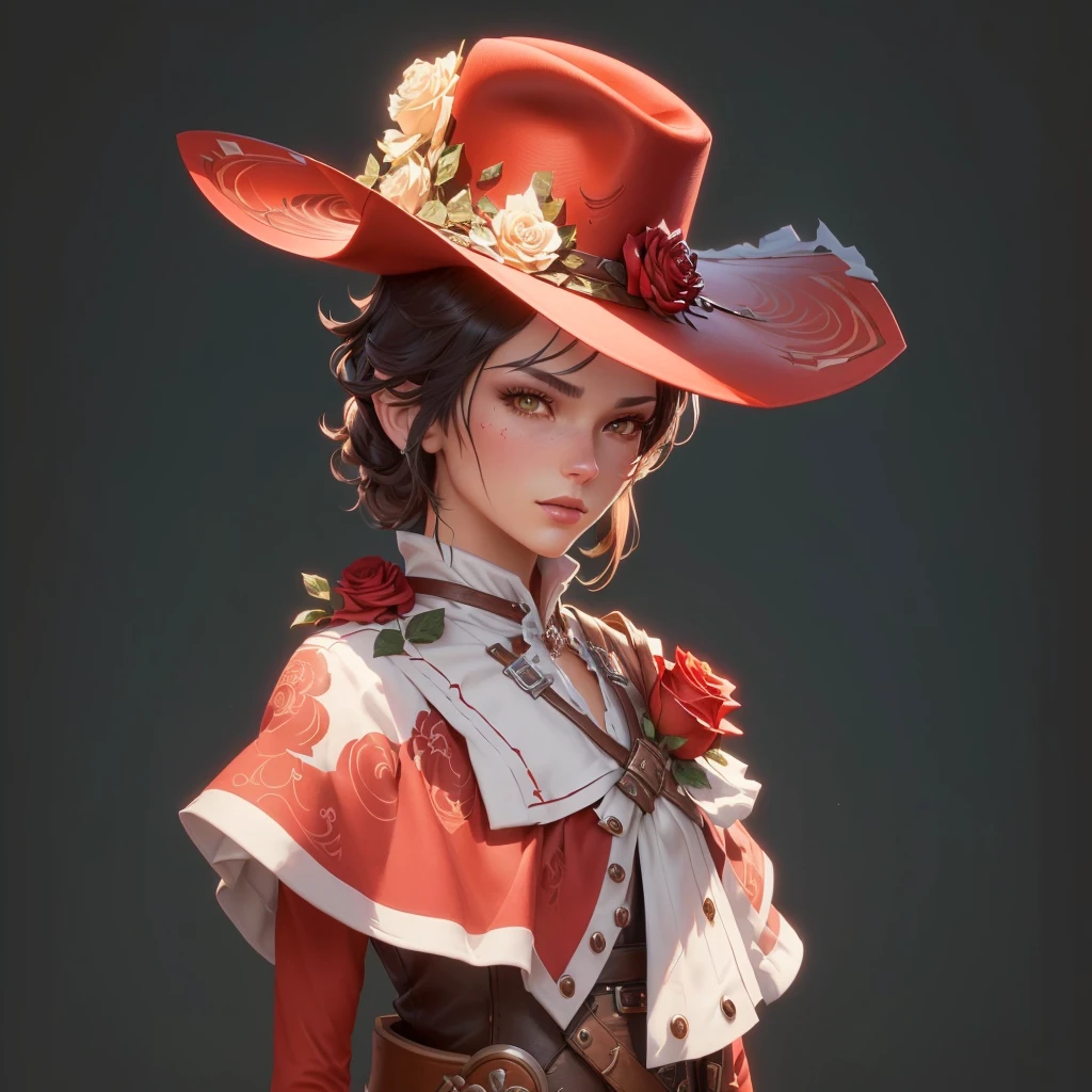 Cowboy wearing hat and mittens and red gloves, There is a rose on the hat，There are two roses on the shoulders and chest，Stylized characters design, very Stylized characters design, very detailed character, Stylized characters, Super detailed fantasy characters, game character, game character design, Full body portrait, videogame character, Unrealistic character concept, video game character concept, 3D rendering style, Male Characters, Full body portrait, masterpiece, best quality, (Extremely detailed CG unity 8k wallpaper), (best quality), (Best Illustration), (Best shadow), absurd, Realistic lighting, (abyss), Beautiful and delicate light, Artworks by Peter Mohr Bacher,