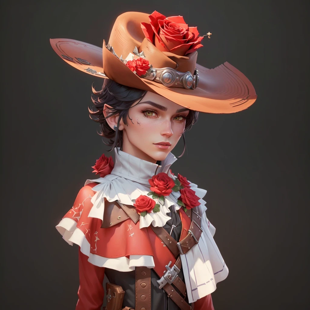Cowboy wearing hat and mittens and red gloves, There is a rose on the hat,There are two roses on the shoulders and chest,Stylized characters design, very Stylized characters design, very detailed character, Stylized characters, Super detailed fantasy characters, game character, game character design, Full body portrait, videogame character, Unrealistic character concept, video game character concept, 3D rendering style, Male Characters, Full body portrait, masterpiece, best quality, (Extremely detailed CG unity 8k wallpaper), (best quality), (Best Illustration), (Best shadow), absurd, Realistic lighting, (abyss), Beautiful and delicate light, Artworks by Peter Mohr Bacher,
