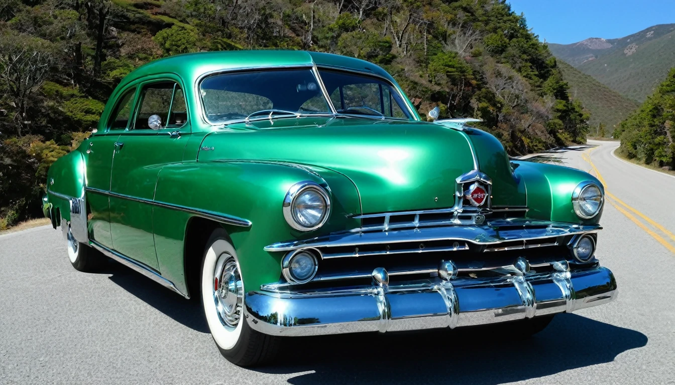 1952 Dodgel Kingsway, STAR WHEEL, WIDE WHEEL, METALLIC GREEN COLOR, LIGHTED HEADLIGHTS, DARK WINDOWS, ON A MOUNTAIN ROAD, BLUE SKY,