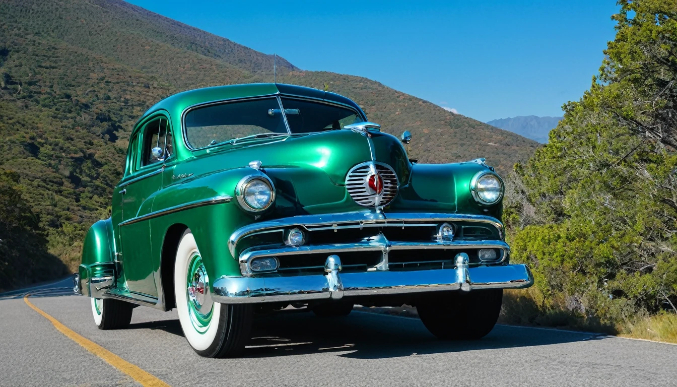 1952 Dodgel Kingsway, STAR WHEEL, WIDE WHEEL, METALLIC GREEN COLOR, LIGHTED HEADLIGHTS, DARK WINDOWS, ON A MOUNTAIN ROAD, BLUE SKY,