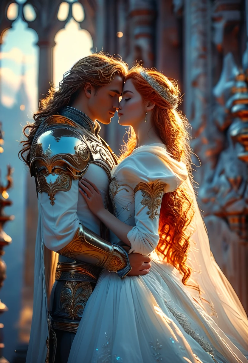 Romance in a heavenly landscape, (((Caucasian skin))) loving couple in their 20s, a (blonde-haired imperial duke) The love is (((uma grávida de Caucasian skin:1.2 (Red-Haired)) celestial warrior), romantic way, 8k, extremely detaild, high qualiy, (photorrealistic:1.37), ideal proportions and defined complexion, meticulously crafted resources, inaccessible beauty, Perfection, Breathtaking elegance, curvas g, goddess-like figures, divine symmetry, artistic work of arts, vivid realism, hyper-detailed sculptures, life-like forms, truly inspiring, impeccable craftsmanship, pure shine, ethereal beauty, Delicate contours, striking poses, sublime beauty, subtle nuances, dynamic compositions, swirly vibrant colors, perfect lighting, poignant expressions, heavenly aura, majestic presence, dream-like atmosphere, unrivaled gdetailed octane rendering trend in artstation, 8k art photography, photorrealistic concept art, rewarded photography, work of art, perfect composition, beautiful detailed intricate insanely
