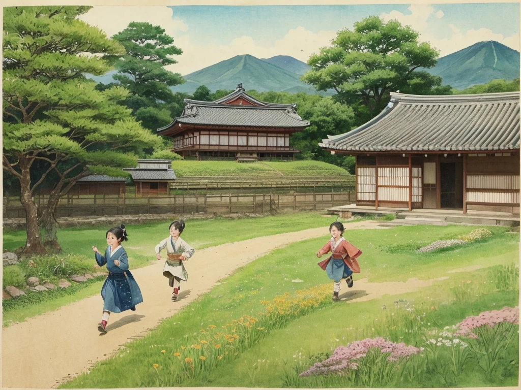At a farmhouse in the Sengoku period of Japan、Discovering new leaves sprouting in the field、 From afar、Elementary school children、Running along the footpath of the field。 The illustrations are done in watercolors.、Faded Japanese paper