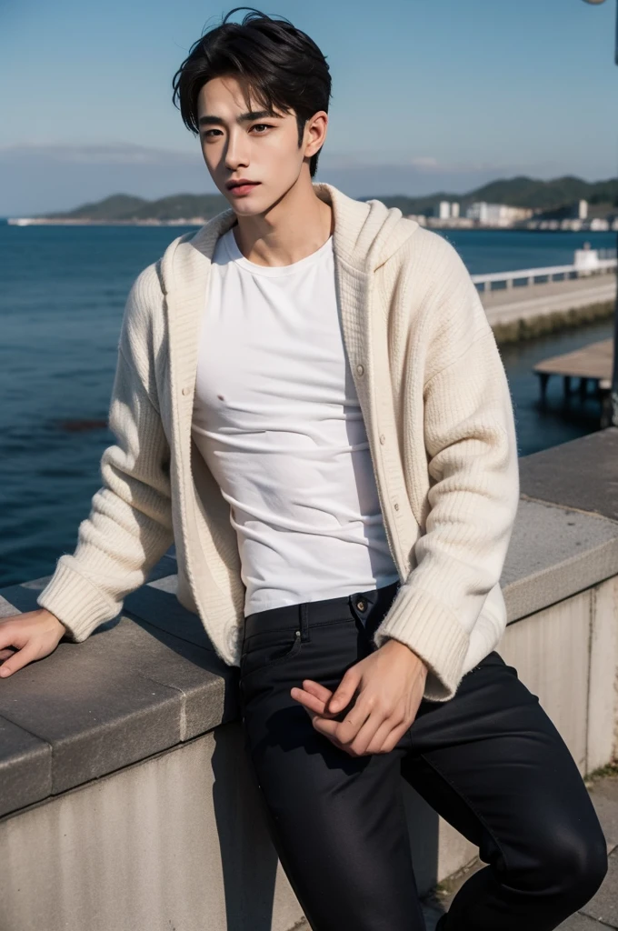 handsome male,big muscle,crew cut,soft light dark academia,outfits,winter,seaside