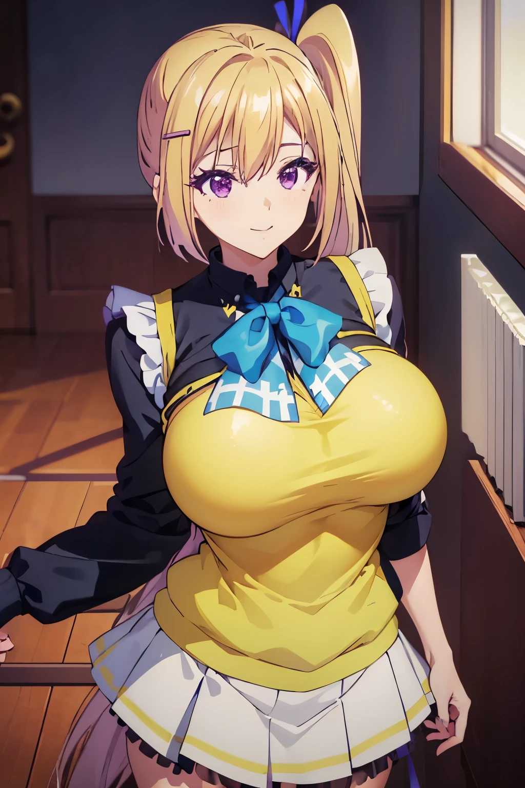 masterpiece,1 girl,(huge breasts),smiling,room,whole body,Hair Clip, Shiny Hair,Kawakami_Mai, Long Hair, Blonde, Purple eyes, hair ribbon, ribbon, One-sided ponytail, Mole under the eye,Anime styleWearing tights , White Skirt , Navy Blue Shirt, Pulling on shirt, Large Breasts, , (Yellow Sweater vest), 