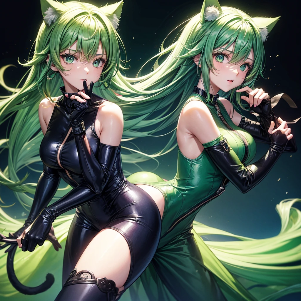 A cat girl, green hair, blue jumpsuit, fingerless gloves, green eyes, black background