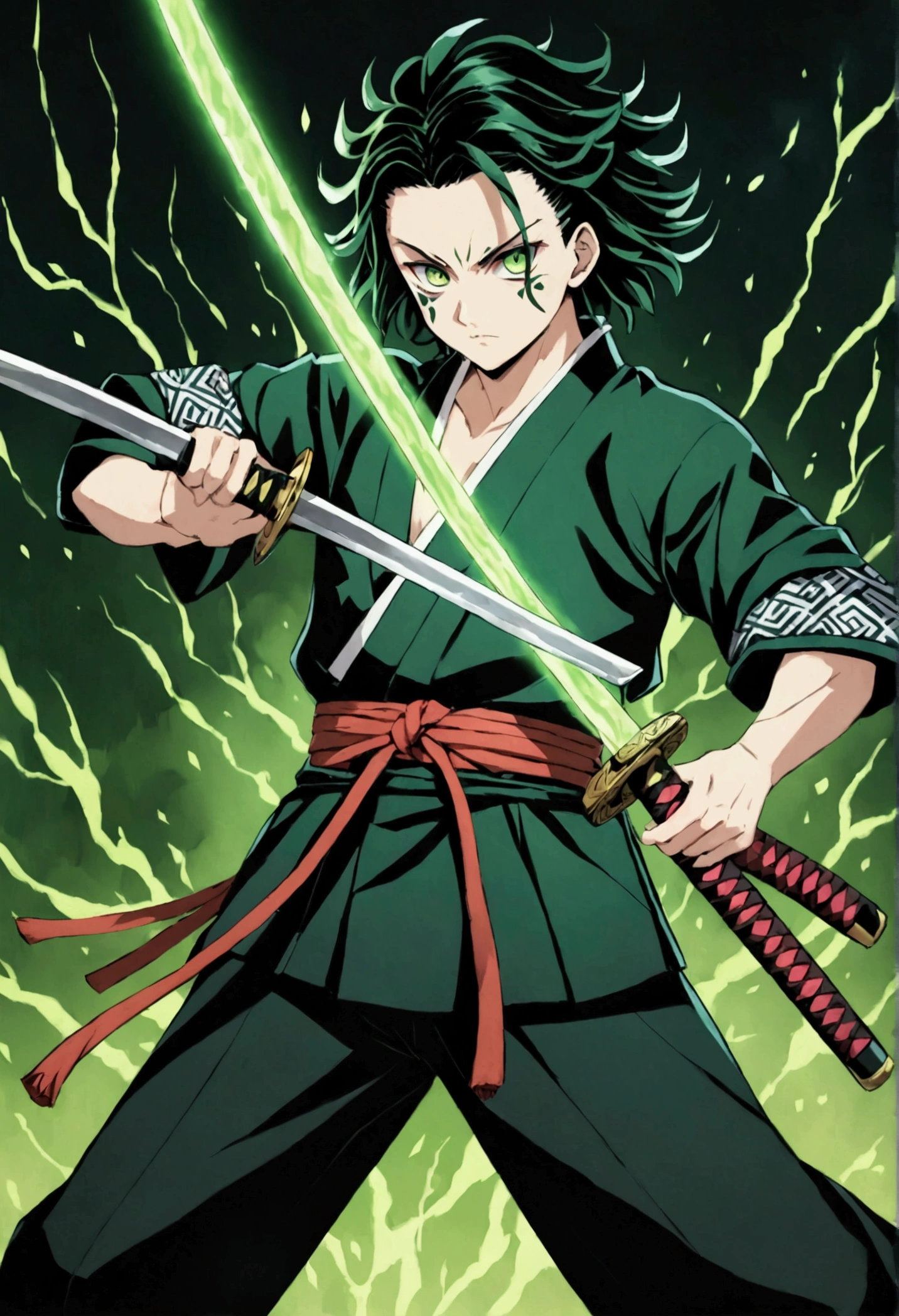 One Guy, Kimetsu no Yaiba, katana, toxic breathing style, black clothes, lime green eyes, sword slash, green sword aura, night backround, fixed arms, detailed arms and katana, human version, toxic aura swing