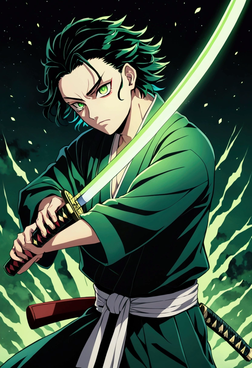 One Guy, Kimetsu no Yaiba, katana, toxic breathing style, black clothes, lime green eyes, sword slash, green sword aura, night backround, fixed arms, detailed arms and katana, human version, toxic aura swing