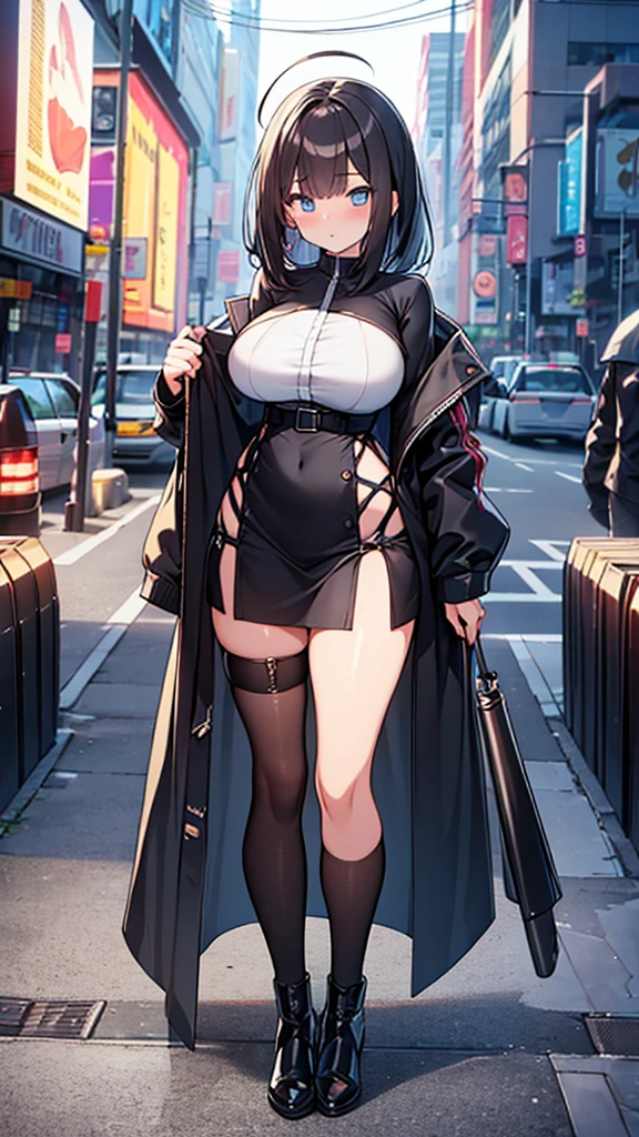 ((2 nakad adult woman walking)),(long black hair, smile)),((hairy pussy, very big pussy piercing, chest piercing)), ((big breasts)), Belt on thigh,walking down the street during the day,